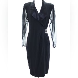 VINTAGE BB COLLECTIONS Dress Size S/M Midi Black Ruched V-Neck Wrap Cocktail‎